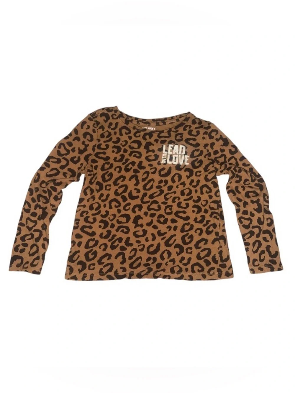 Old Navy Brown Leopard-Print Long Sleeve Tee with 'Lead Love' Graphic